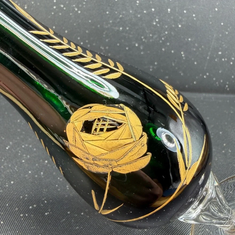 Vintage Emerald Green Glass Bud Vase Gold Rose Wheat Hand Painted Etched 10 Inch